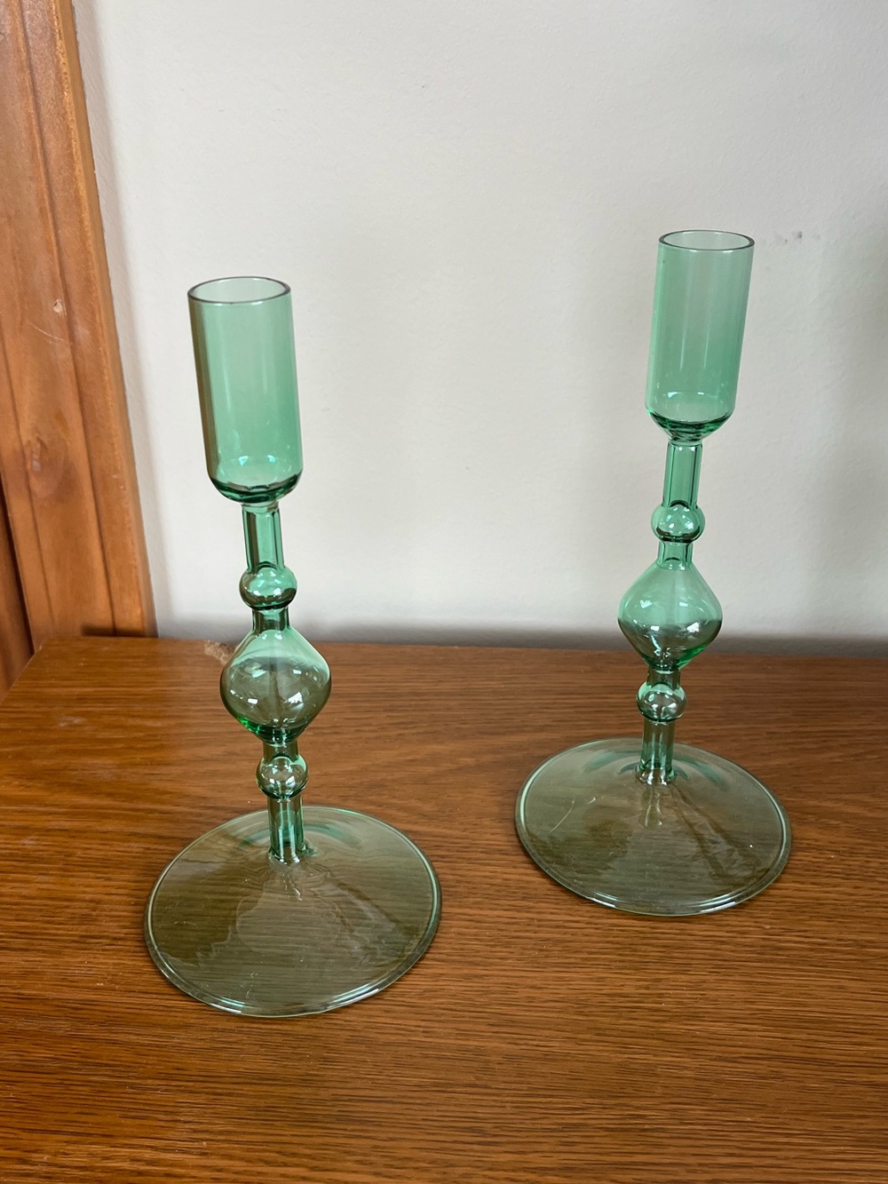 Poketo Green Glass Candle Stick Holders Set of 2